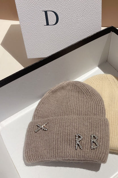 Women's Rhinestone Embellished RB Letter Knit Winter Beanie — taupe brown looking beanie with embellished lettering