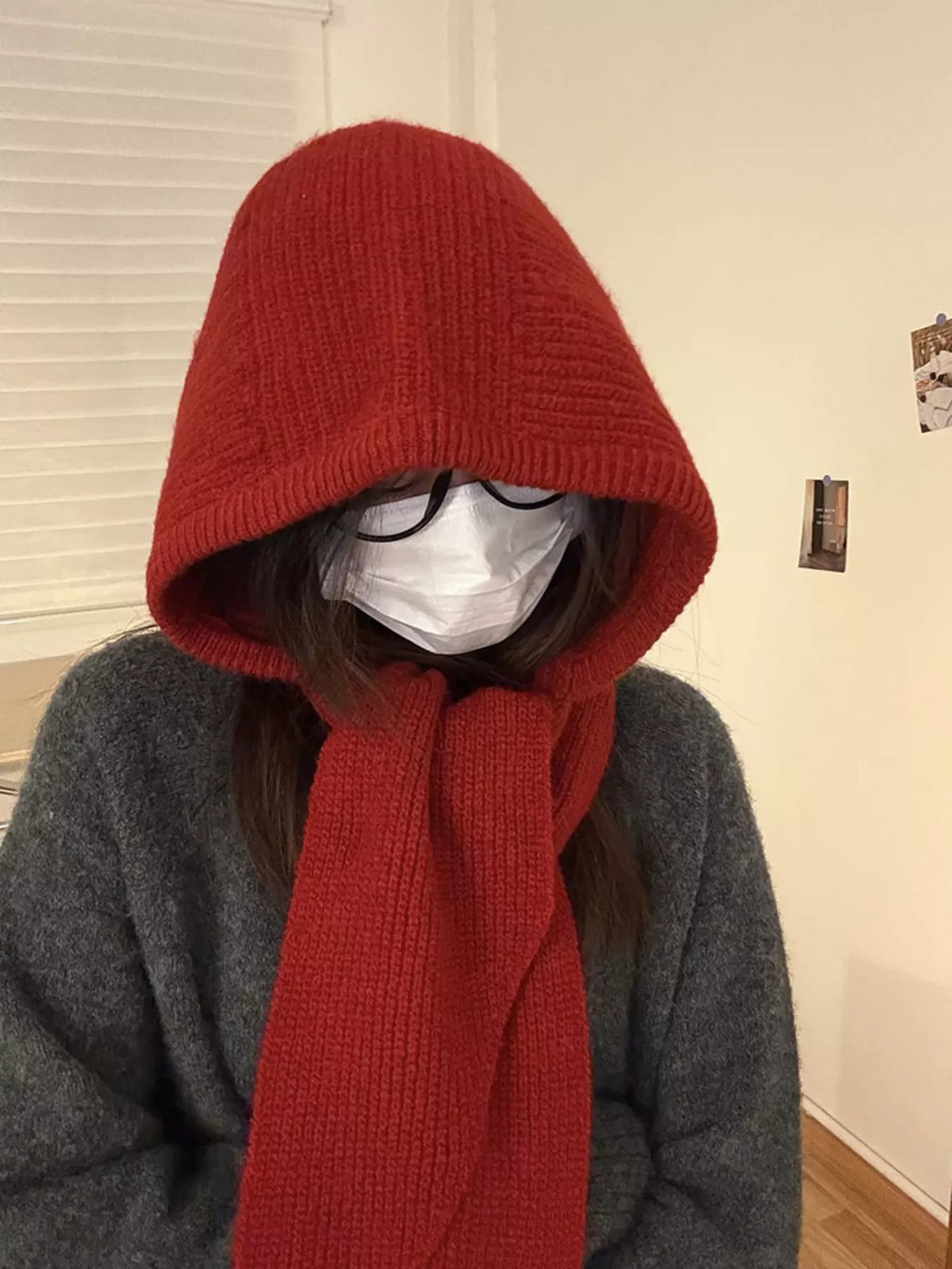 Unisex Hooded Knit Neck Scarf — front view of the red knit hood and scarf sections