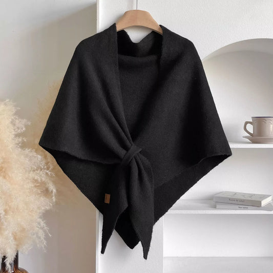 Unisex Knitted Solid Color Scarf Shawl in Black - styled detail 2