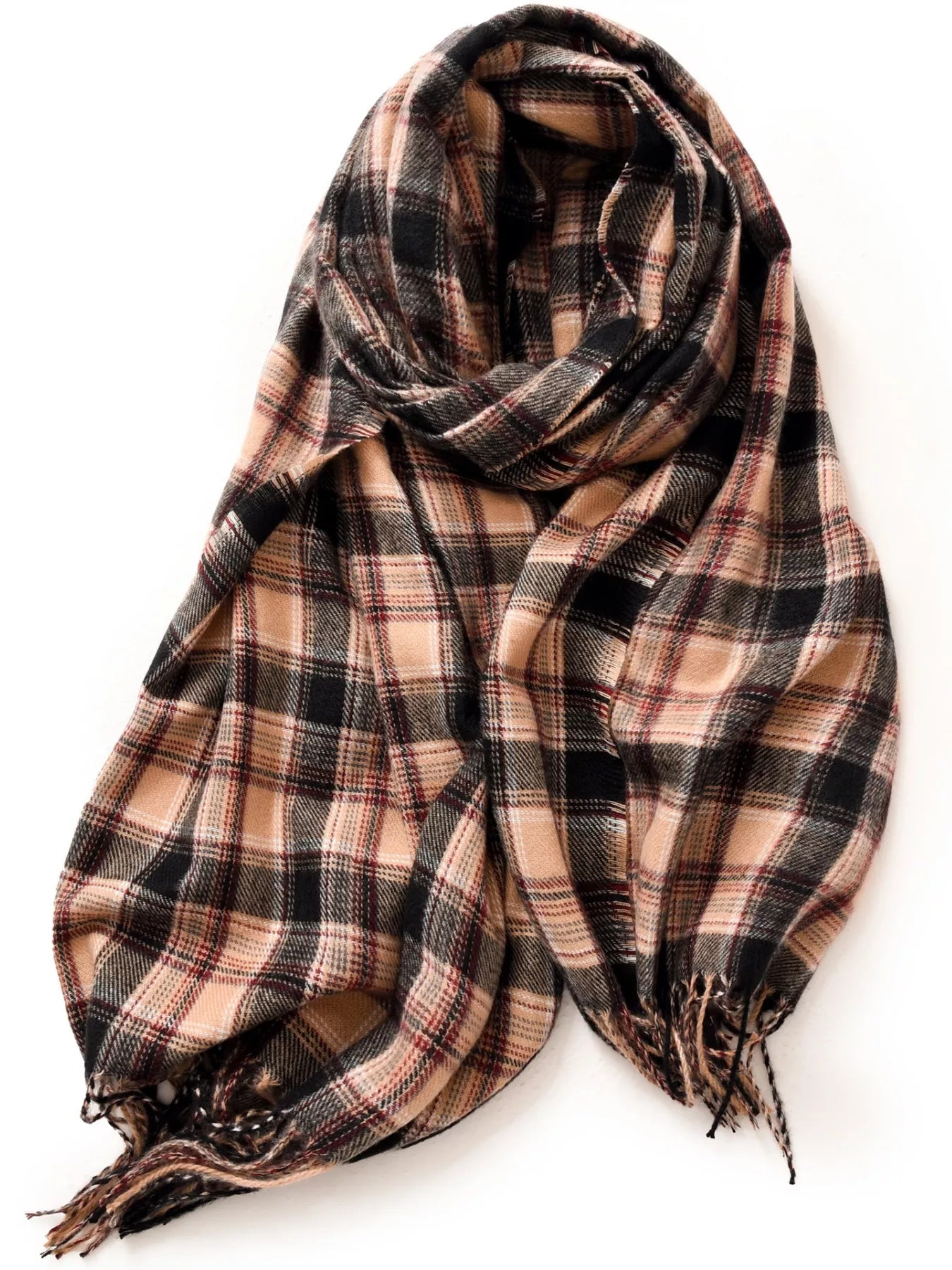Unisex Oversized Classic Plaid Fringe Scarf in Burgundy - front view 7