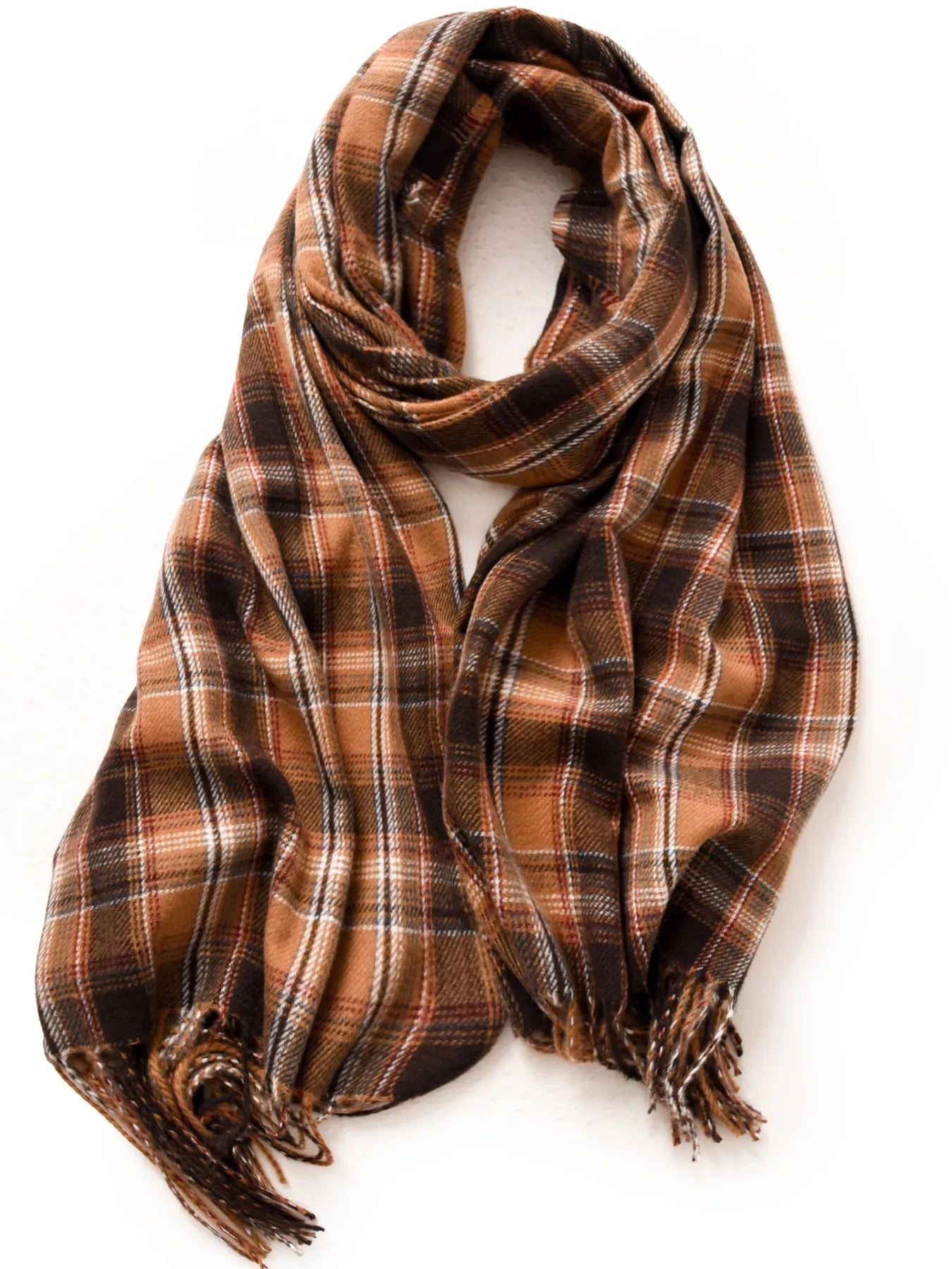 Unisex Oversized Classic Plaid Fringe Scarf in Dark Navy - full-length view 6