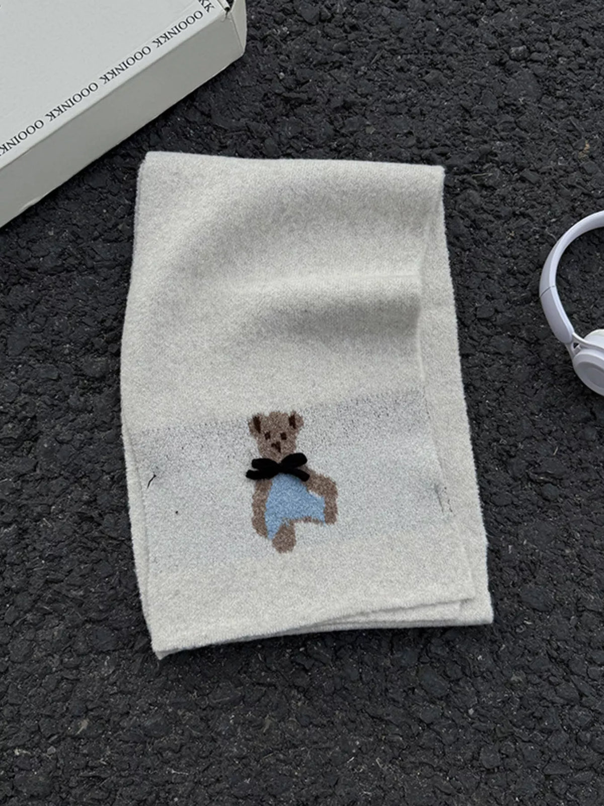 Unisex Bear Motif Knit Scarf — white scarf with a small colorful bear motif