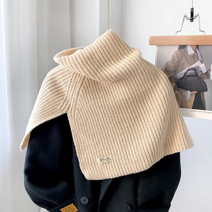 Women's Ribbed Knit Turtleneck Shoulder Wrap — pale beige turtleneck wrap over dark outerwear