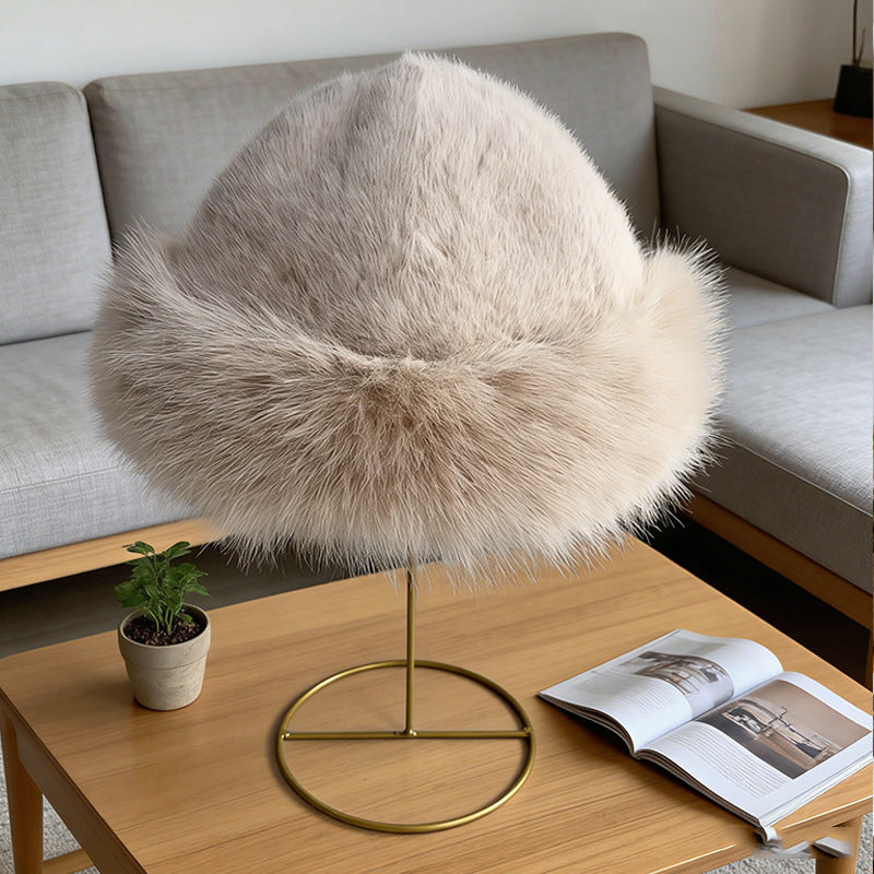 Beige faux fur cloche hat showing a contrasting fluffy edge
