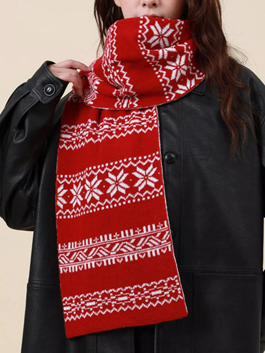 Women's Christmas Snowflake Knit Scarf in Burgundy - front view 1