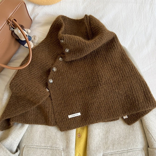 Women's High Neck Buttoned Knit Cape Shawl — brown high neck cape shawl with side buttons