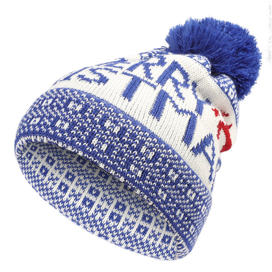 Unisex Nordic Pattern Pom Pom Beanie – Cotton Knit Winter Hat - Black side angle