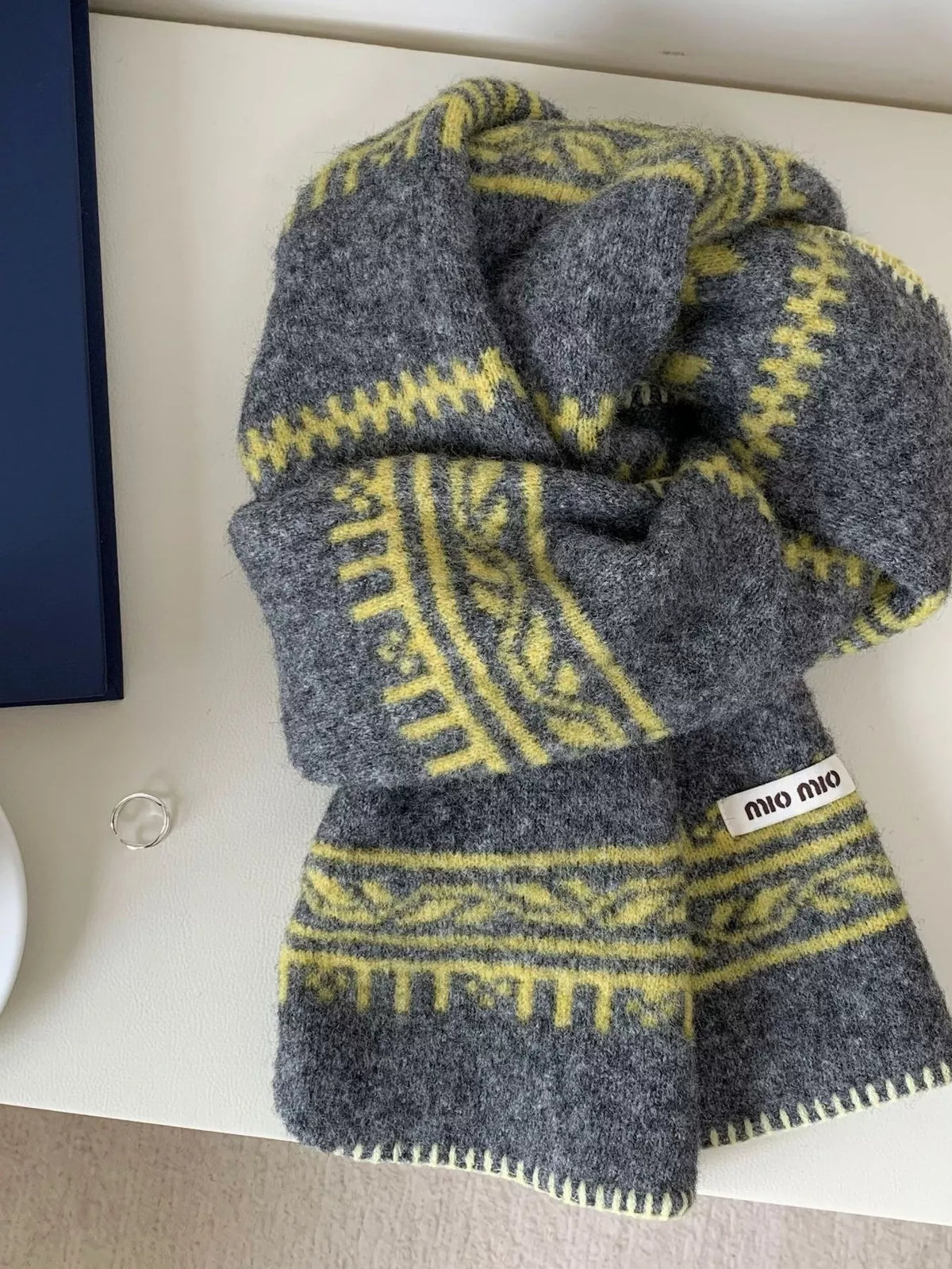 Unisex Vintage Pattern Knitted Scarf — dark gray scarf with yellow contrasting motifs
