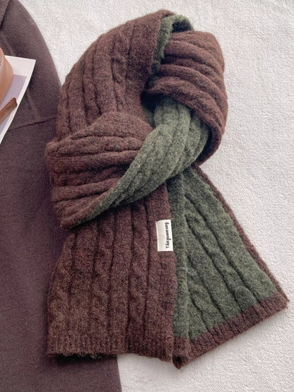 Unisex Two Tone Cable Knit Warm Scarf — brown and olive cable scarf loosely knotted