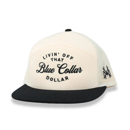 The Mad Hatter Company Blue Collar Dollar Snapback Hat, natural crown with a black bill and dark lettering