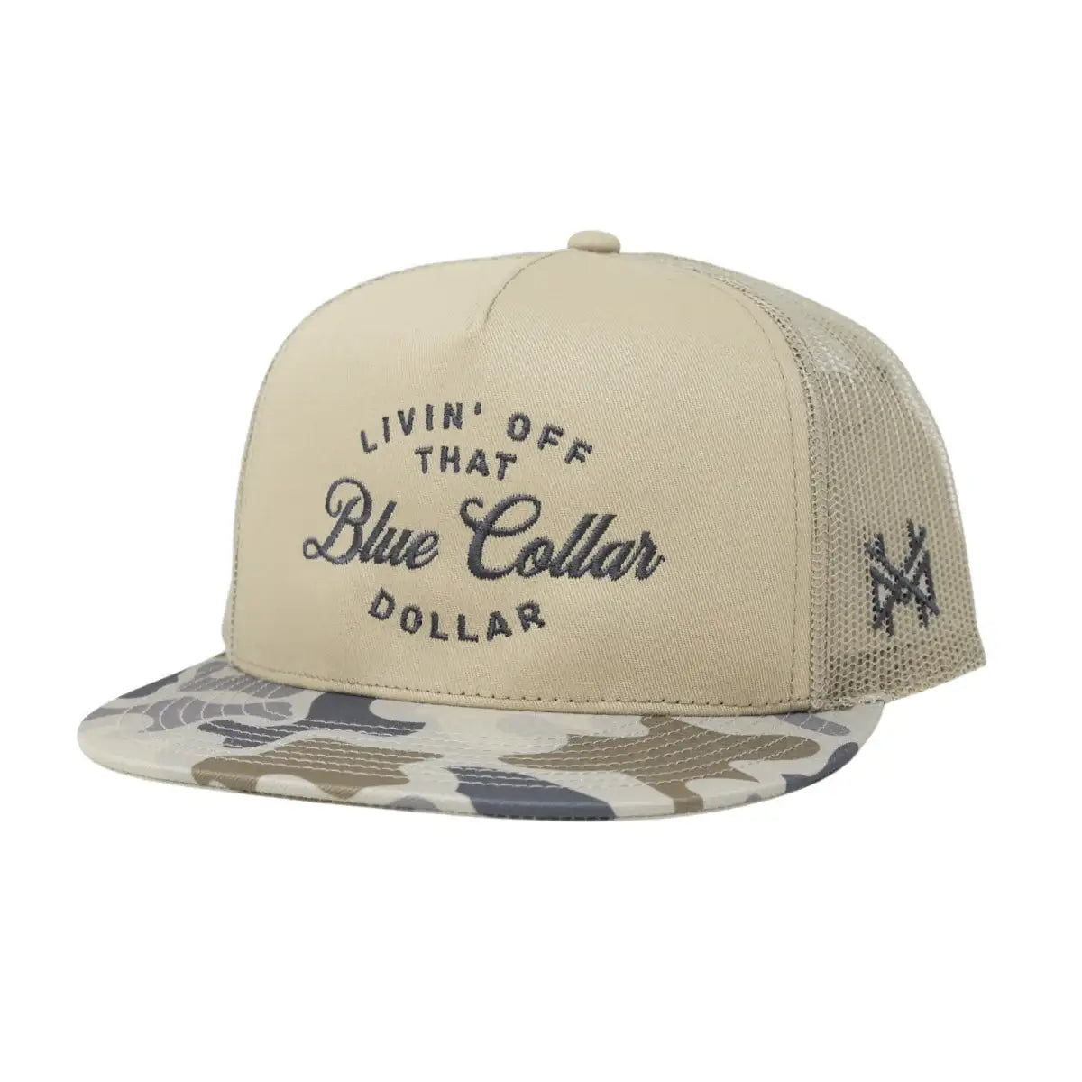 The Mad Hatter Company Blue Collar Dollar Snapback Hat, natural cap with a pale camouflage bill and side logo