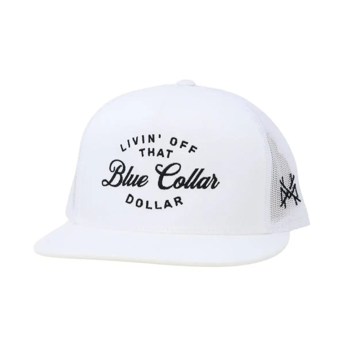 The Mad Hatter Company Blue Collar Dollar Snapback Hat, white cap with black embroidered script