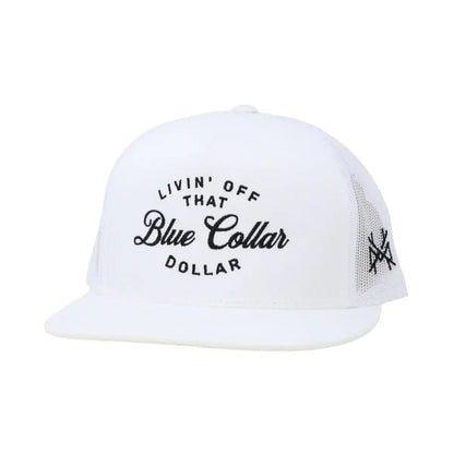 The Mad Hatter Company Blue Collar Dollar Snapback Hat, white cap with black embroidered script