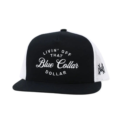 The Mad Hatter Company Blue Collar Dollar Snapback Hat, black and white flat-bill cap with embroidered lettering