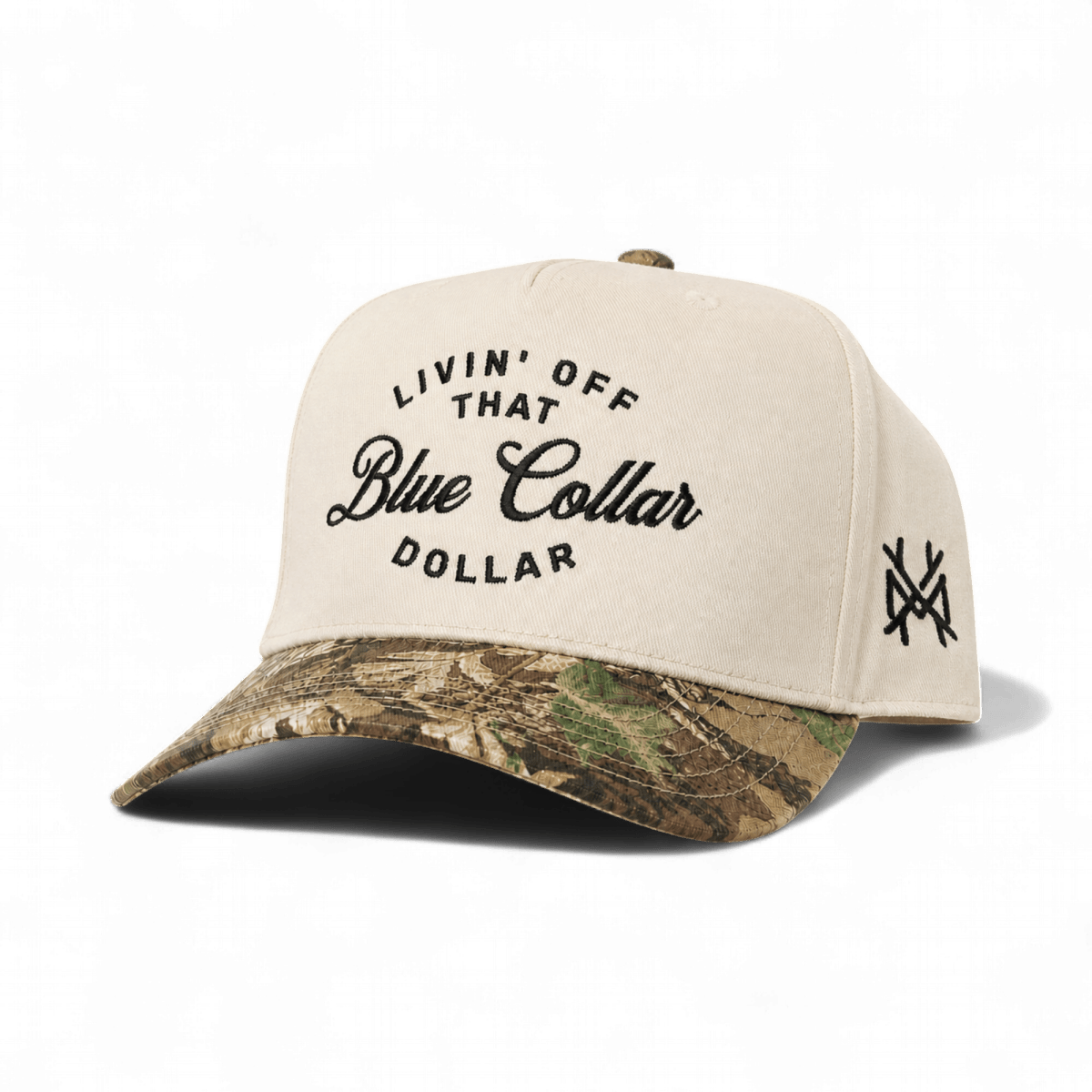 The Mad Hatter Company Blue Collar Dollar Snapback Hat, natural cap with woodland camouflage bill