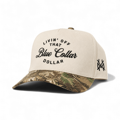 The Mad Hatter Company Blue Collar Dollar Snapback Hat, natural cap with woodland camouflage bill