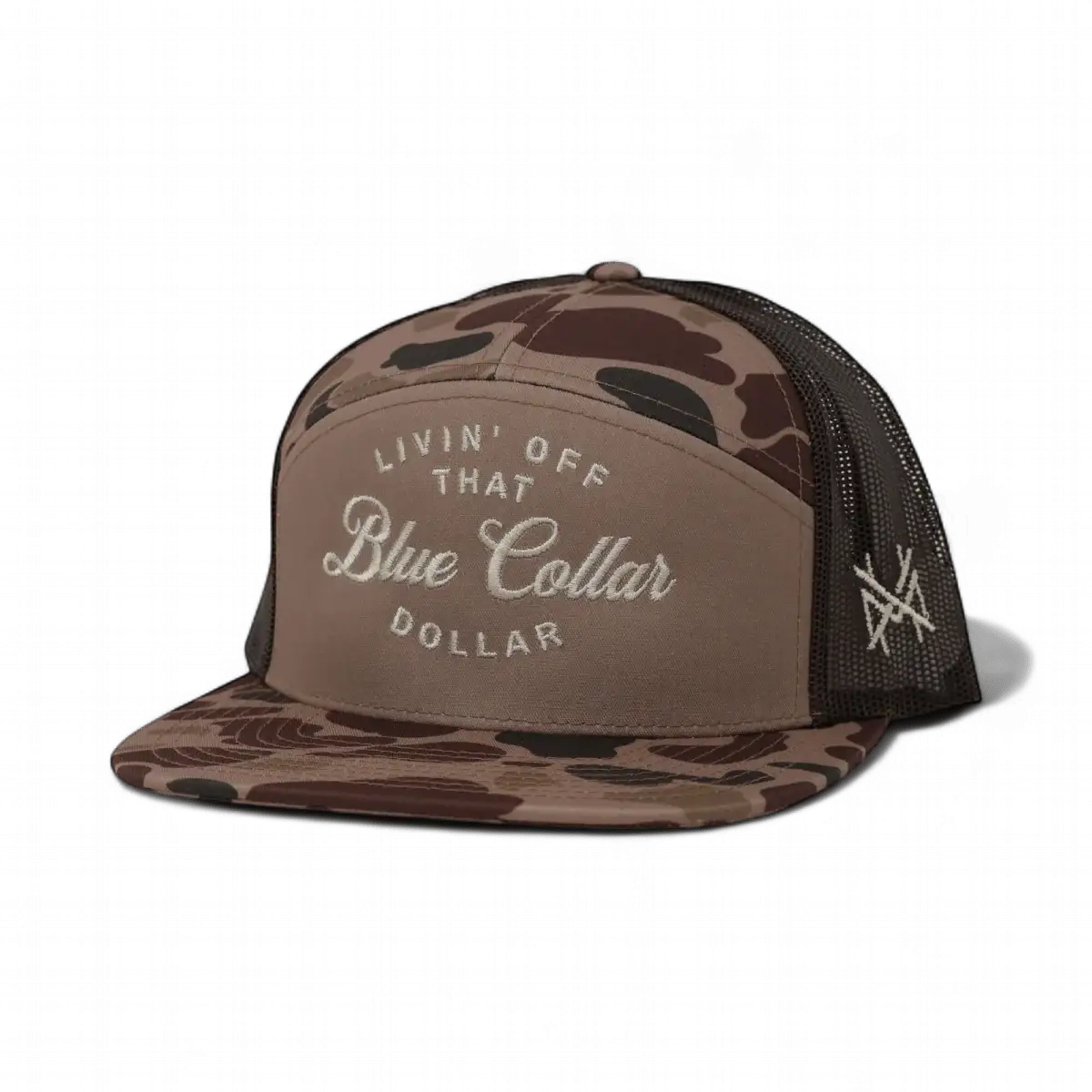 The Mad Hatter Company Blue Collar Dollar Snapback Hat, brown camouflage cap with pale lettering