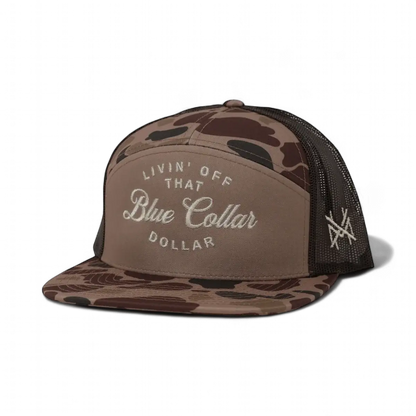 The Mad Hatter Company Blue Collar Dollar Snapback Hat, brown camouflage cap with pale lettering