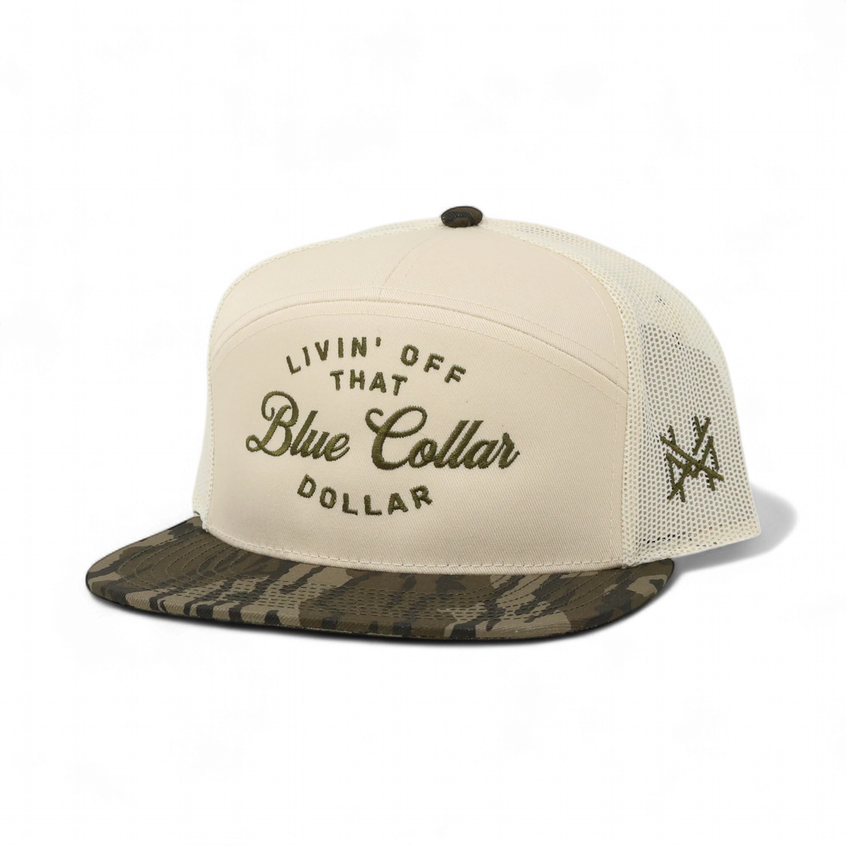 The Mad Hatter Company Blue Collar Dollar Snapback Hat, natural crown with a leaf camouflage bill