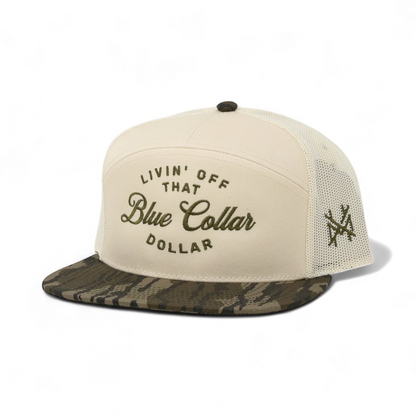 The Mad Hatter Company Blue Collar Dollar Snapback Hat, natural crown with a leaf camouflage bill