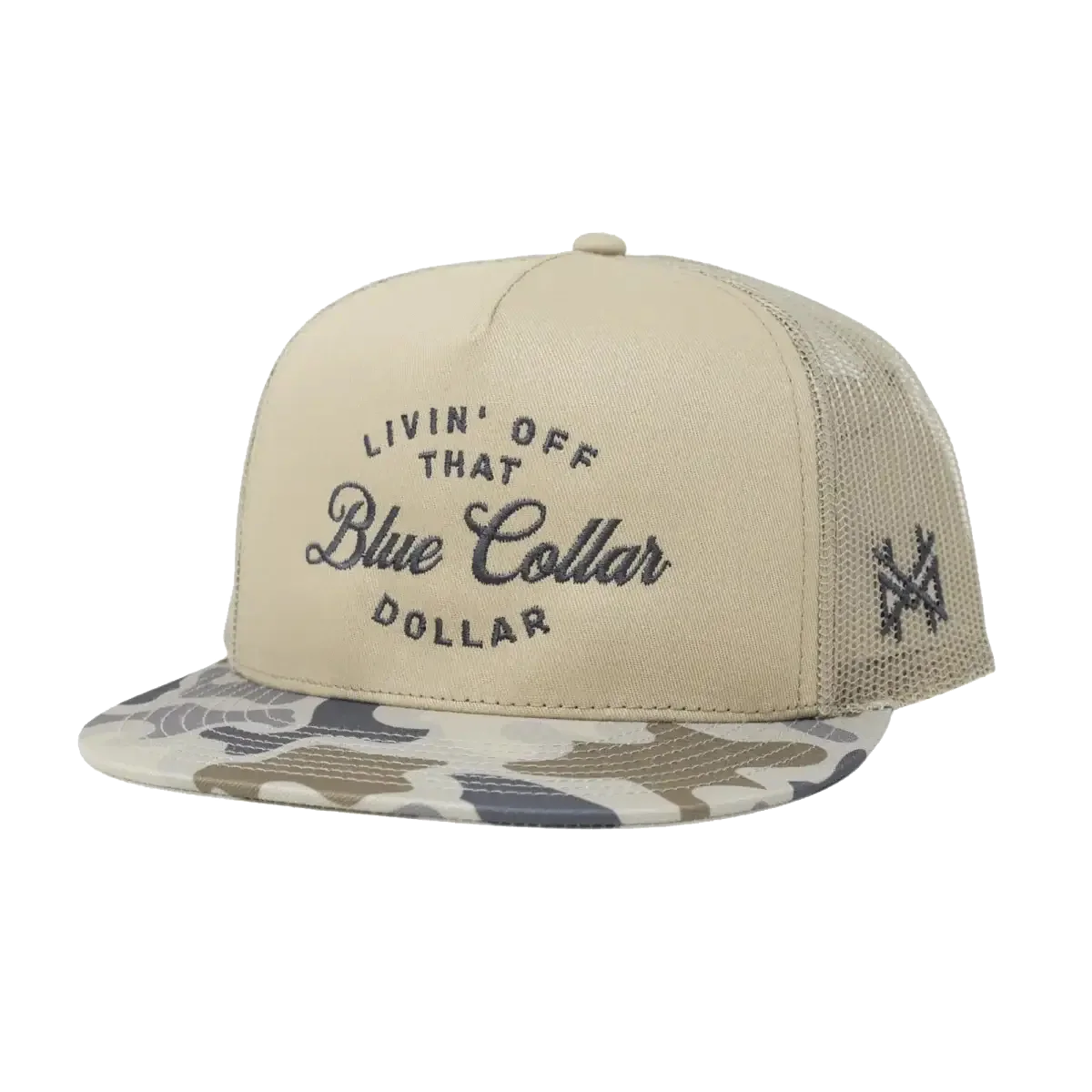 The Mad Hatter Company Blue Collar Dollar Snapback Hat, natural and pale camouflage cap, alternate front view
