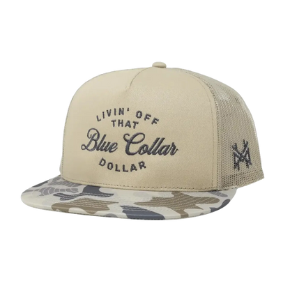 The Mad Hatter Company Blue Collar Dollar Snapback Hat, natural and pale camouflage cap, alternate front view