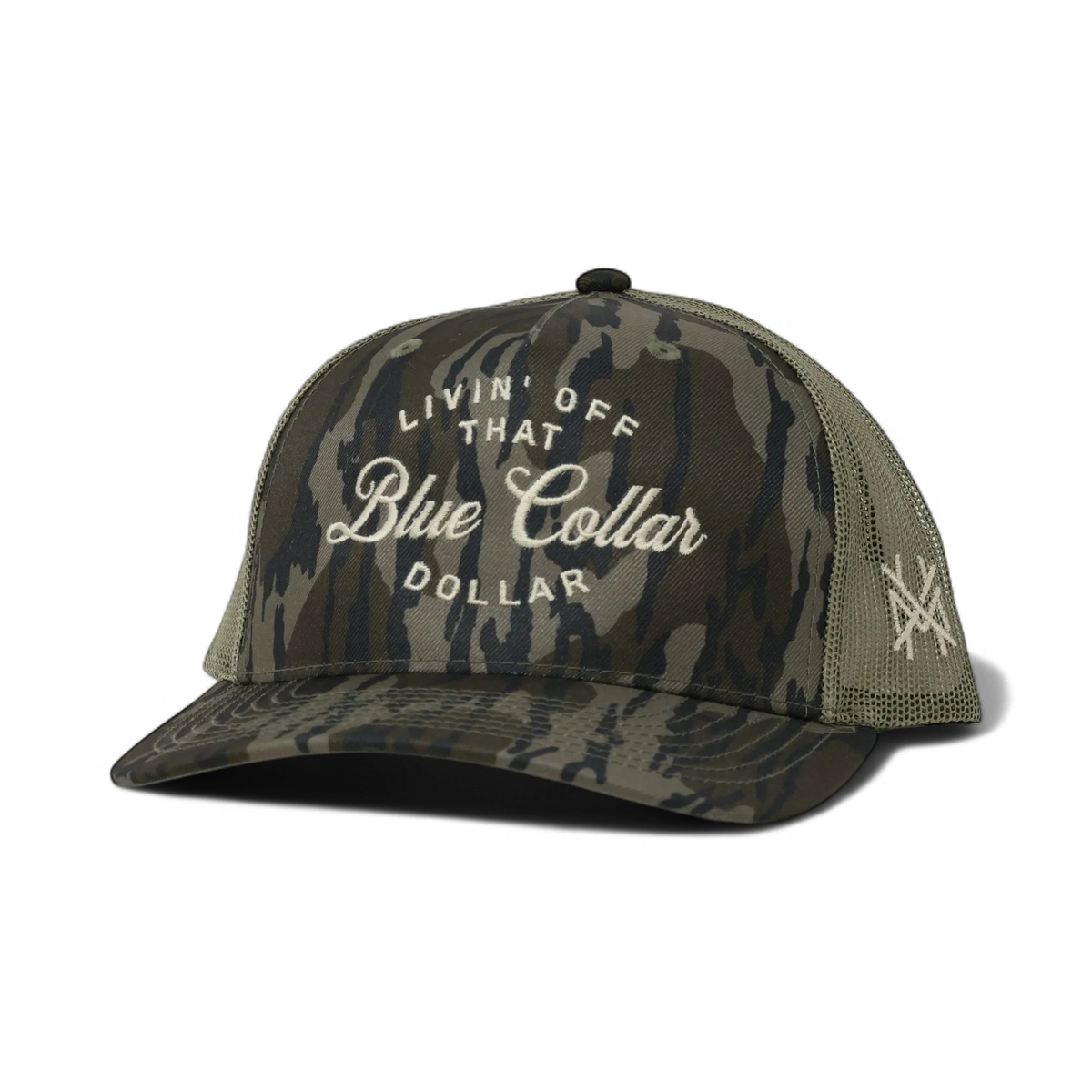 The Mad Hatter Company Blue Collar Dollar Snapback Hat, green and brown camouflage cap with dark lettering