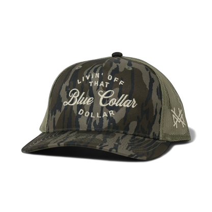 The Mad Hatter Company Blue Collar Dollar Snapback Hat, green and brown camouflage cap with dark lettering