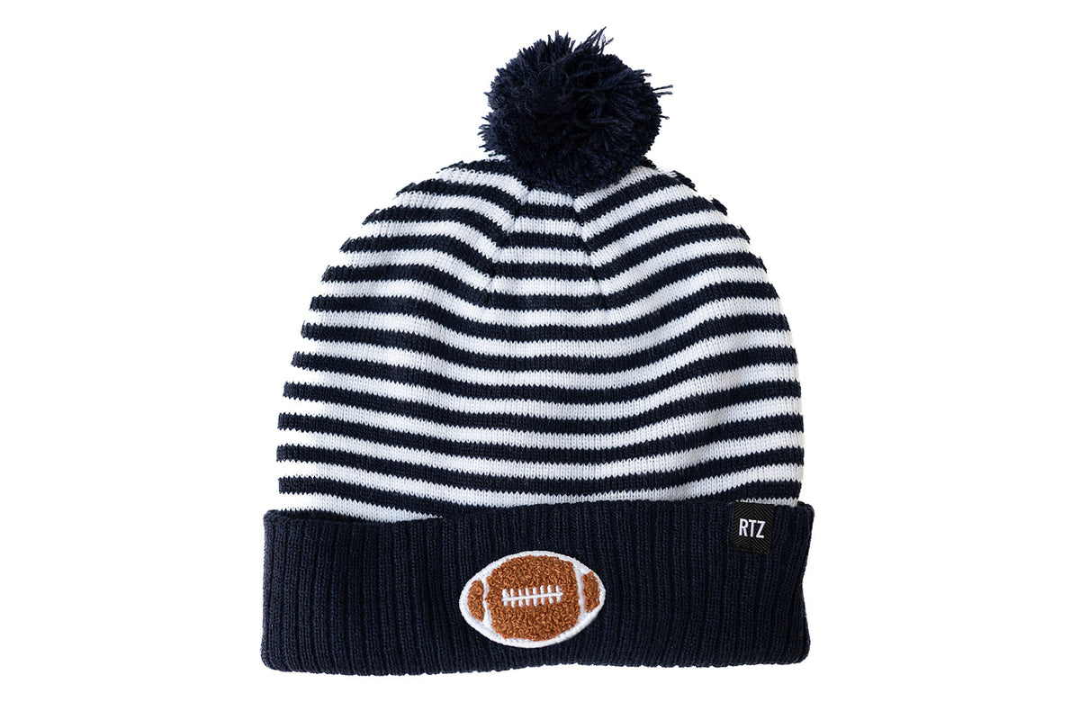 Rey To Z blue & White Stripe football-patch pom-pom hat