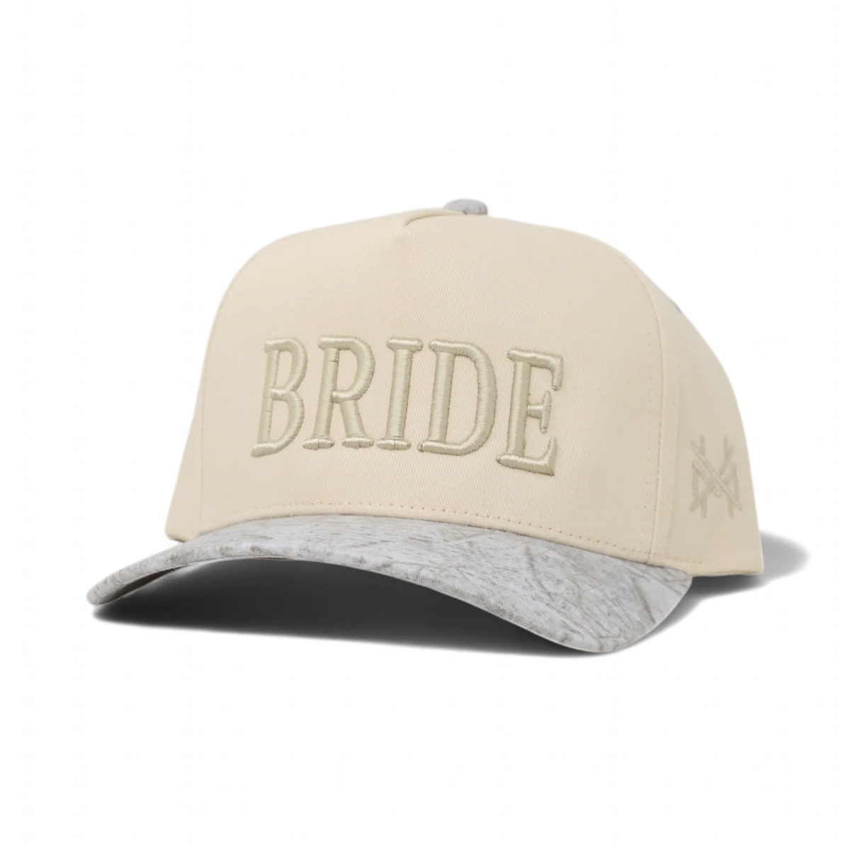 The Mad Hatter Company Bride Snapback Hat, natural crown with a pale camouflage bill