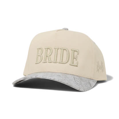 The Mad Hatter Company Bride Snapback Hat, natural crown with a pale camouflage bill