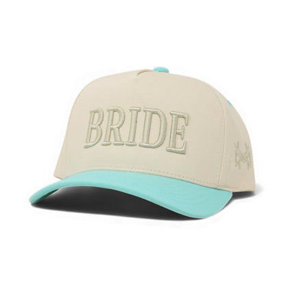 The Mad Hatter Company Bride Snapback Hat, natural crown with a mint bill and Bride embroidery