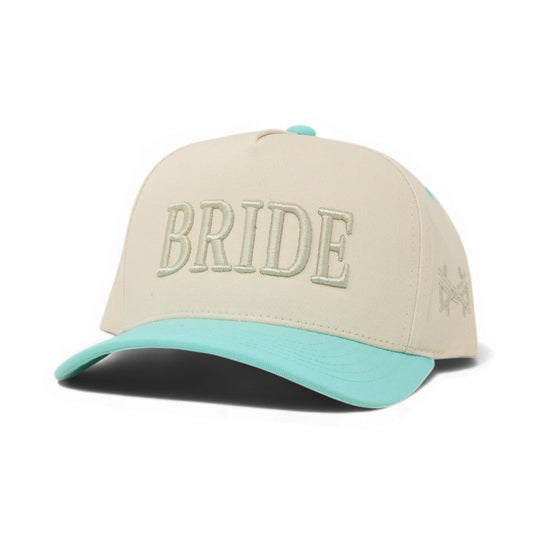 The Mad Hatter Company Bride Snapback Hat, natural crown with a mint bill and Bride embroidery