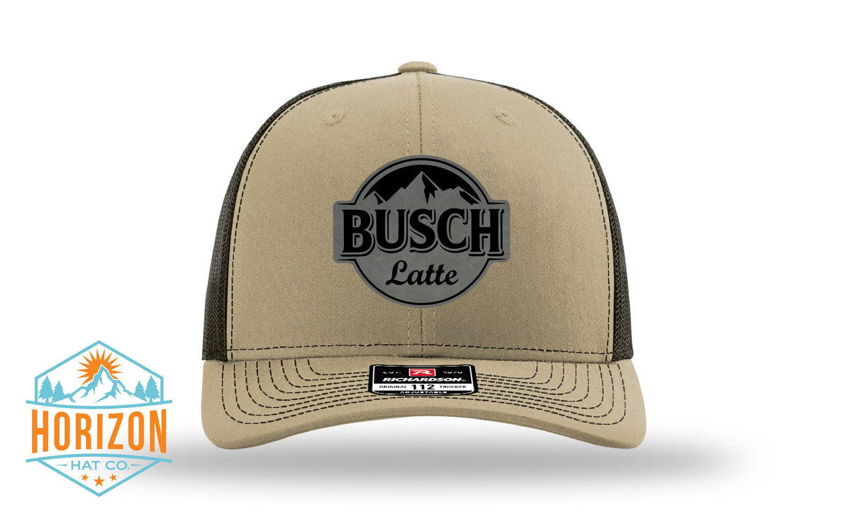 Front view of Busch Latte cap by Horizon Hat Co. in Khaki/Brown showing busch latte front patch