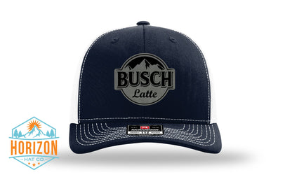 Front view of Busch Latte cap by Horizon Hat Co. in Navy/White showing busch latte front patch
