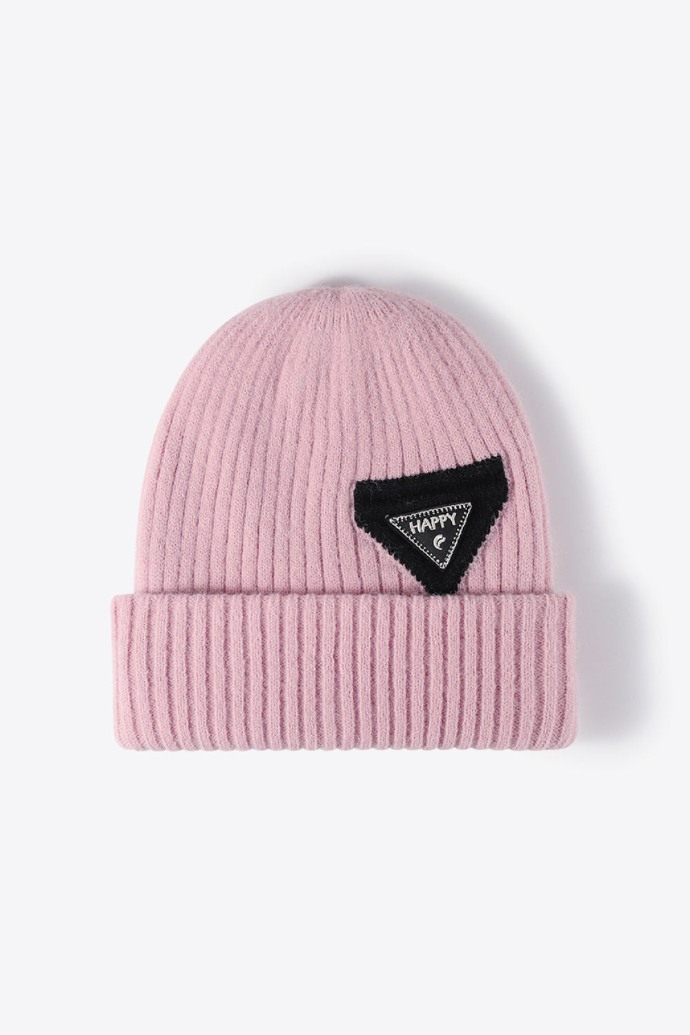 Pink HAPPY winter beanie front product shot