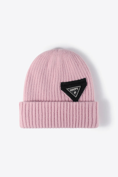 Pink HAPPY winter beanie front product shot