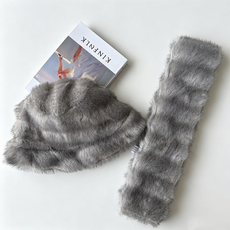 Gray segmented plush hat with a matching textured scarf