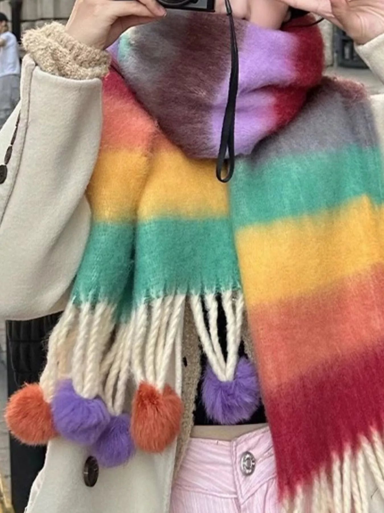 Women's Rainbow Striped Fuzzy Scarf with Pom-Poms in Style C - fabric texture 3