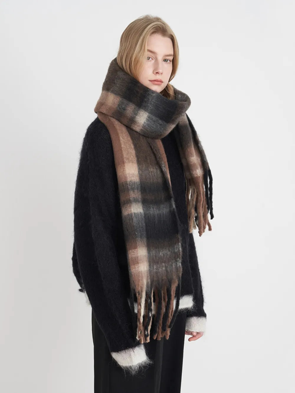 Oversized plaid fringe scarf - product photo 13