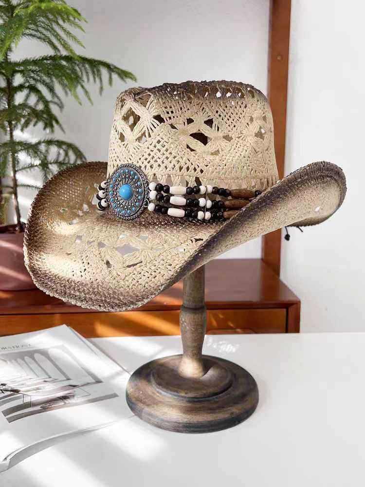 Unisex 04 Western Printed Straw Cowboy Hat texture close-up