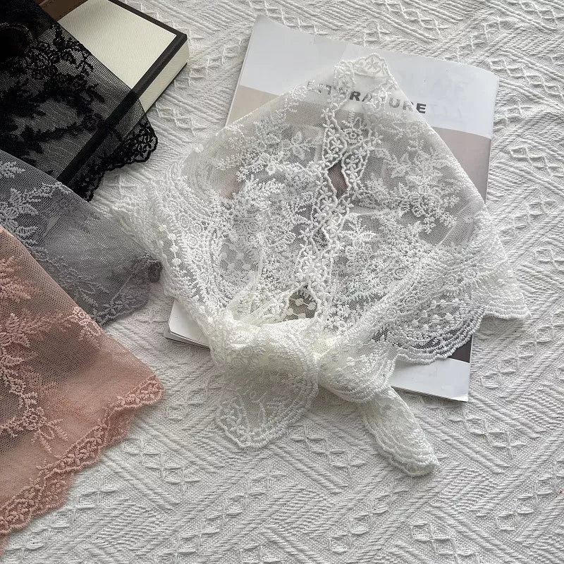 Women's Cotton Lace Neck Scarf — off-white lace scarf tied to show scalloped edges