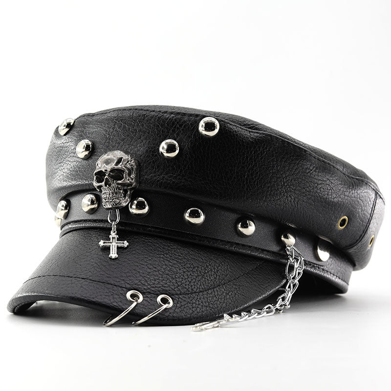 Unisex Black PU Leather Skull Punk Peaked Cap - Black crown detail