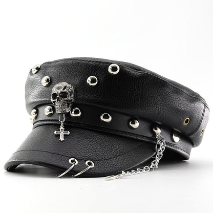 Unisex Black PU Leather Skull Punk Peaked Cap - Black crown detail