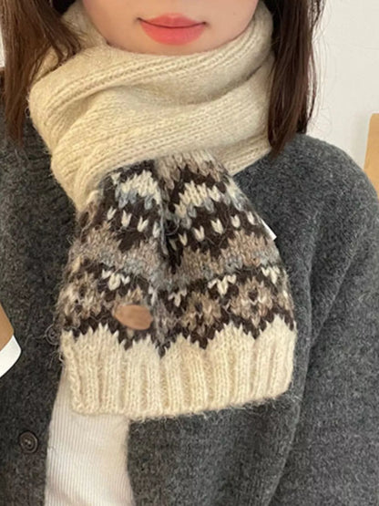 Unisex Nordic Motif Knit Scarf — off-white scarf worn with contrasting geometric details