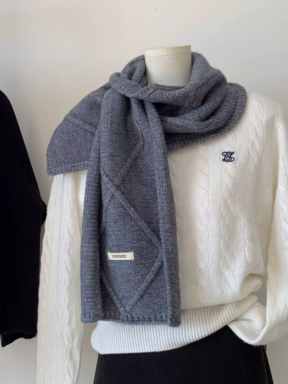 Unisex Solid Color Knitted Winter Scarf — gray scarf styled over light knitwear
