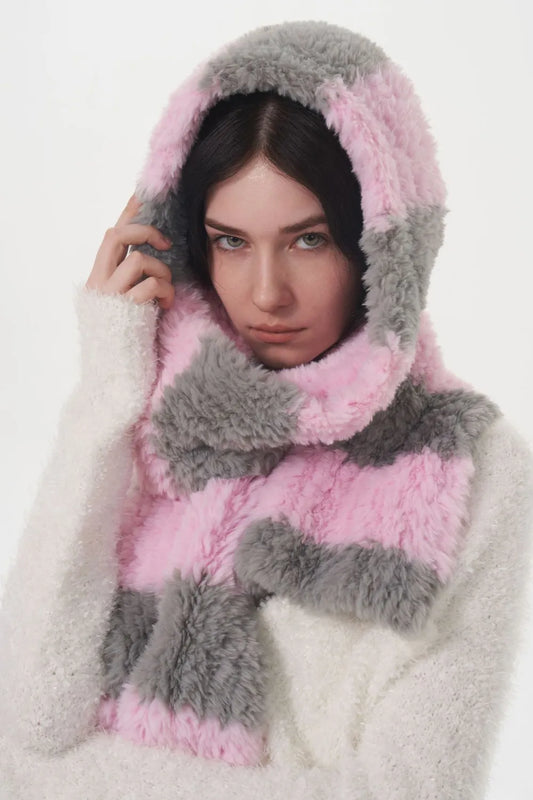 Unisex Fuzzy Contrast Striped Scarf in Vivid Violet - styled detail 2