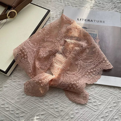 Women's Cotton Lace Neck Scarf — pink lace scarf tied with decorative ends visible