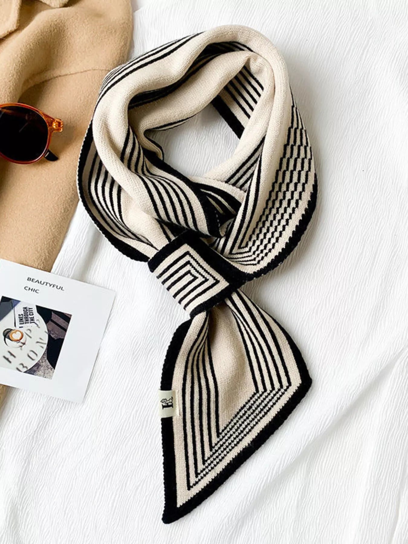 Unisex Striped Knitted Winter Scarf in Black - front view 1