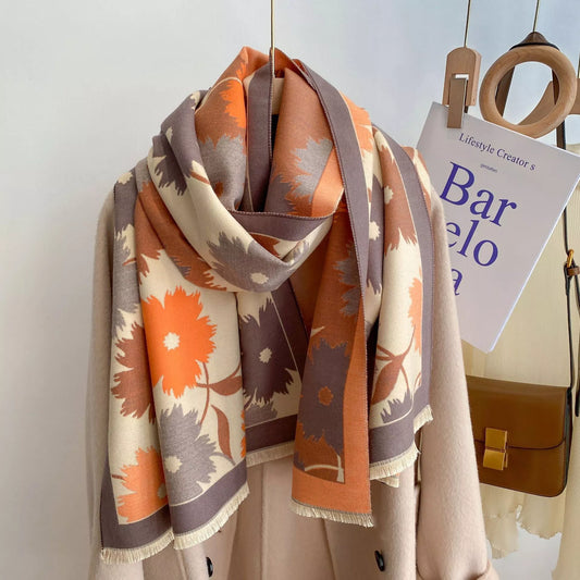 Women's Modern Floral Print Warm Winter Scarf in Sherbet - front view 1